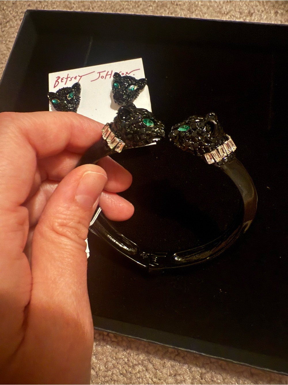 Betsey Johnson Black Panther Cuff Bracelet set with stud earrings